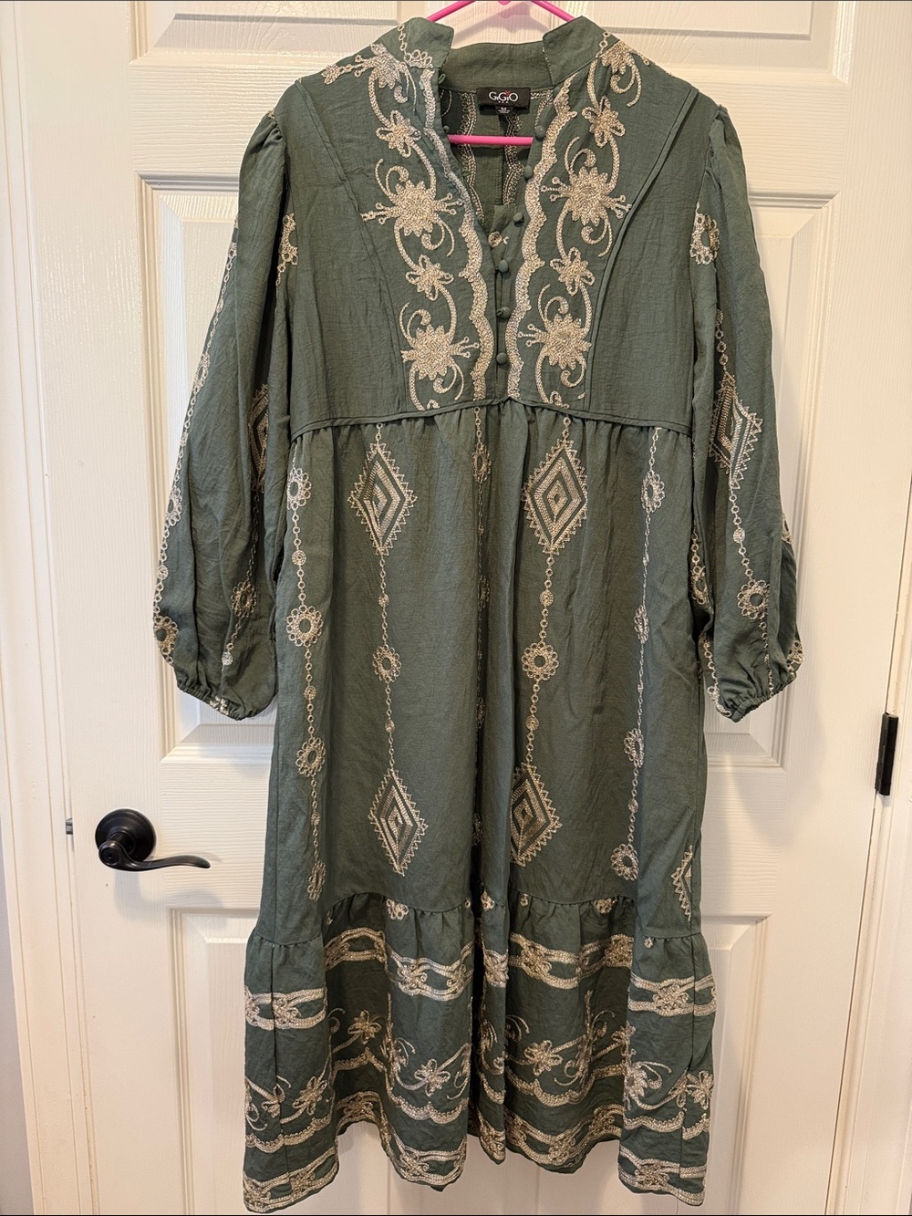 Olive and Cream Embroidered Maxi Dress